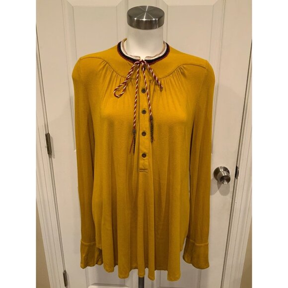 Akemi + Kin Dark Yellow Soft Popover Shirt W/ Multicolor Embroidery & Tie Size M - Picture 1 of 8